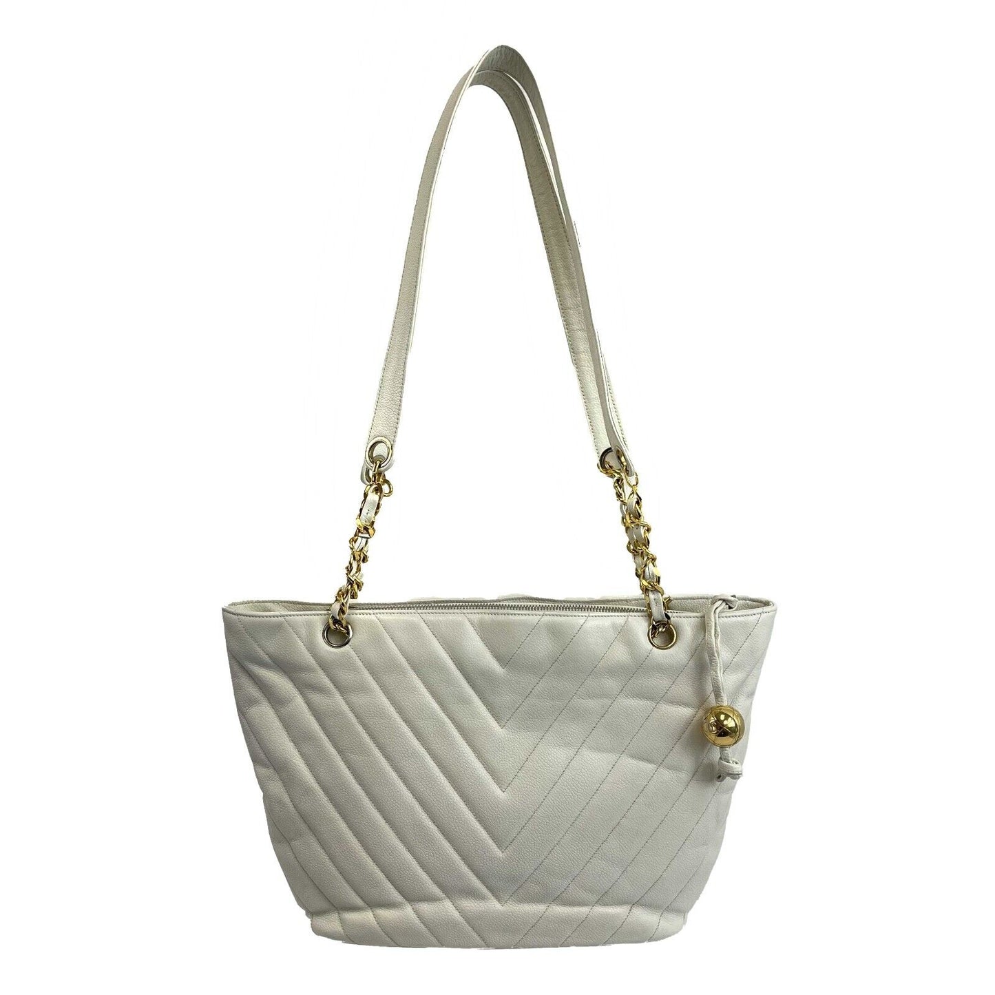 CHANEL -   1994 White Leather Small Chevron Tote / Shoulder Bag
