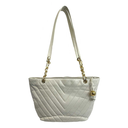 CHANEL -   1994 White Leather Small Chevron Tote / Shoulder Bag