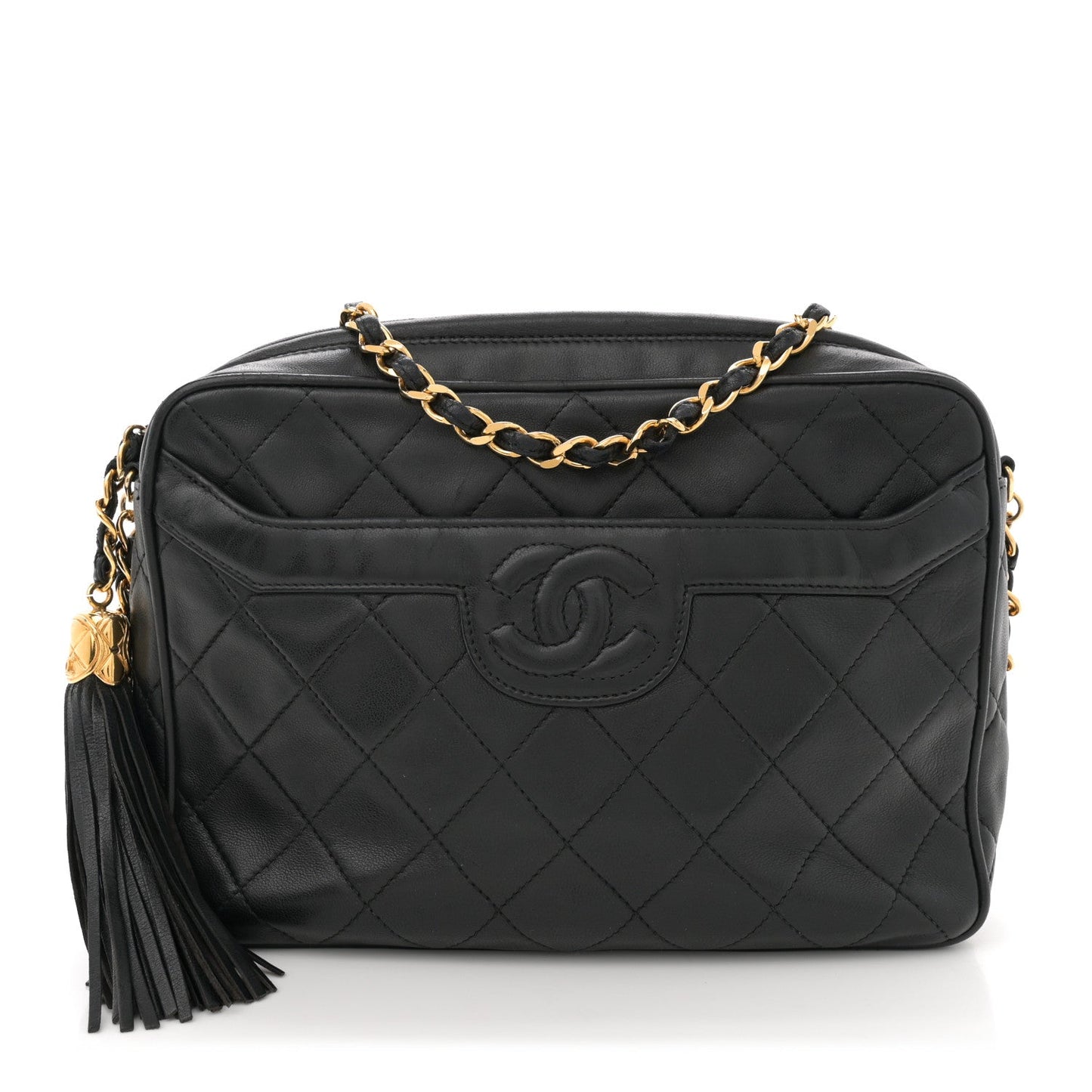 Amelia Lambskin Quilted Tassel Camera Case Black