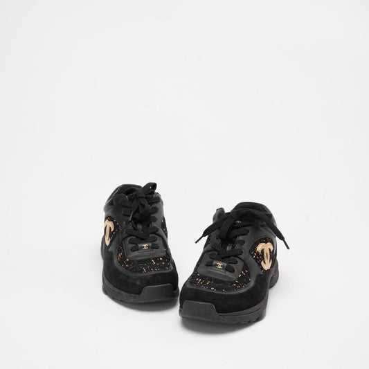 Chanel Black Leather and Suede Lace Up Sneakers 39 ½