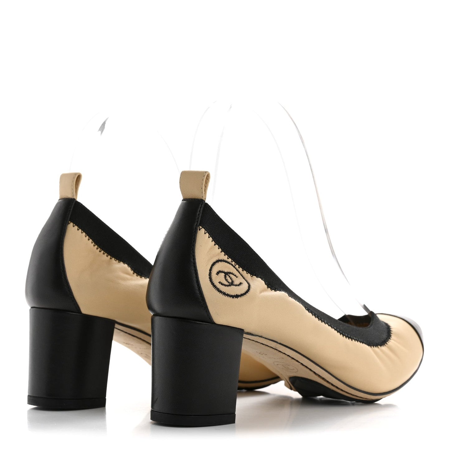 Amelia Lambskin CC Elastic Stretch Pumps 38 Beige Black