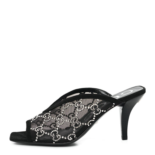 Amelia Tela Retino Kid Scamosciato Crystal GG Monogram Square G 95mm Slide Sandals 35 Black