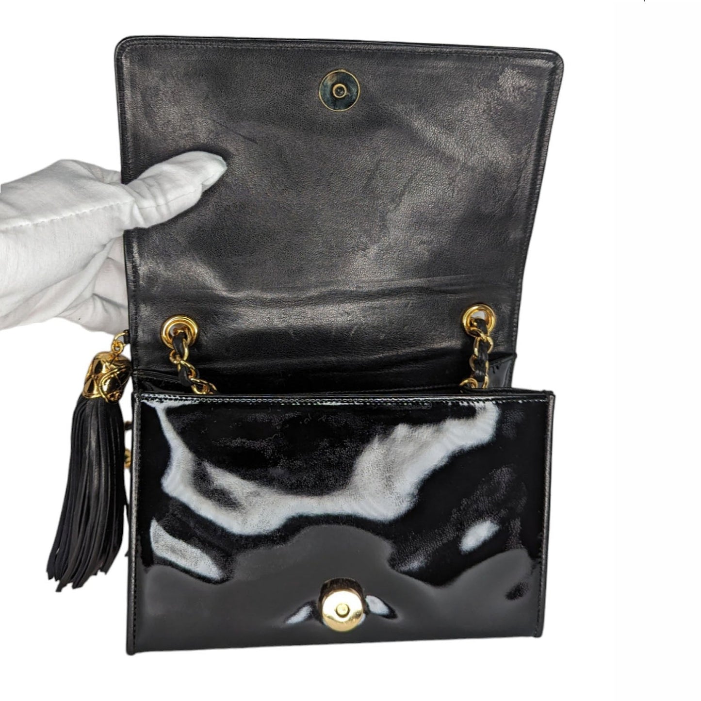 Chanel   Patent Leather Quilted CC Tassel Flap Bag