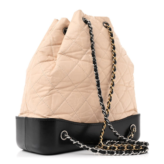 Amelia Aged Calfskin Quilted Small Gabrielle Backpack Beige Black