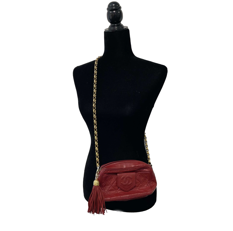 CHANEL   CC Red Lambskin Gold Chain Tassel Camera Bag Crossbody