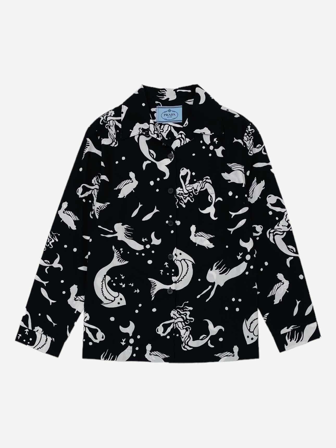 PRADA Black & White Mermaid Print Size US 4 Shirt