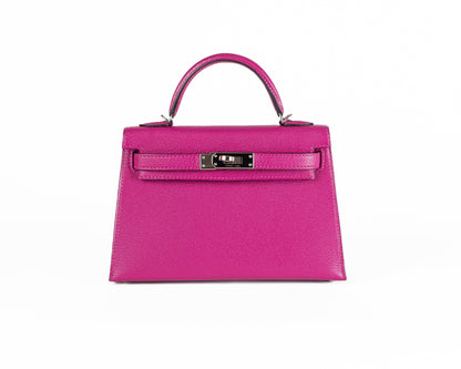 Luxury Hermes 20cm Rose Pourpre Chevre Mini Kelly w/ Palladium Hardware