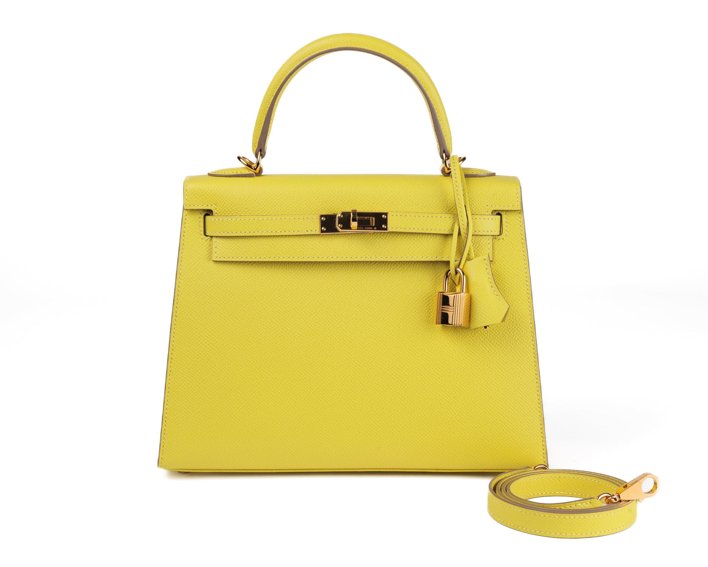 Luxury Hermes 25cm Lime Yellow Epsom Sellier Kelly w/ Gold Hardware