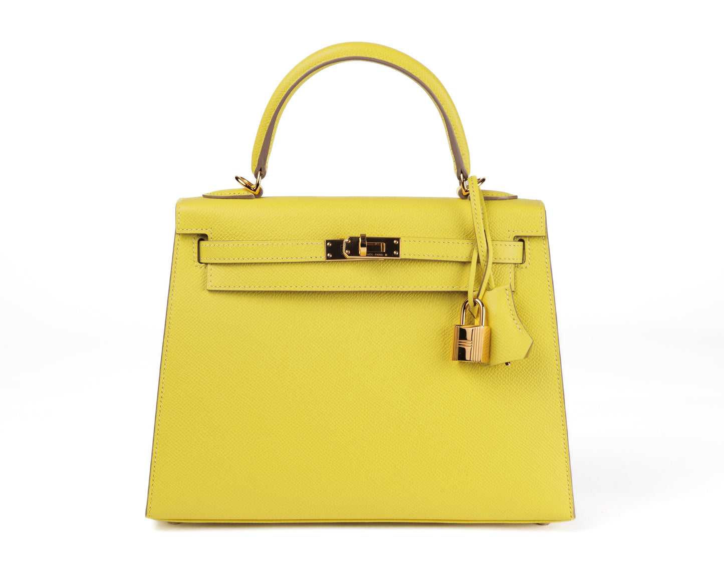 Luxury Hermes 25cm Lime Yellow Epsom Sellier Kelly w/ Gold Hardware
