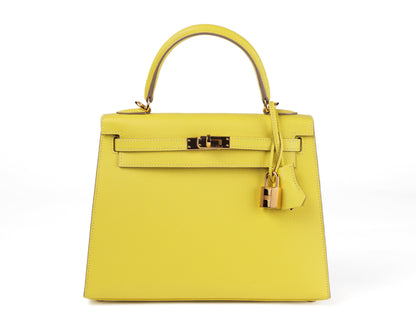Luxury Hermes 25cm Lime Yellow Epsom Sellier Kelly w/ Gold Hardware