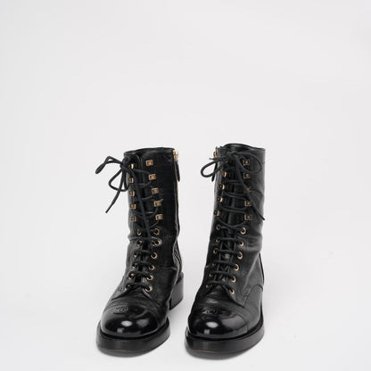 Chanel Black Calfskin Lace Up Combat Boots 39