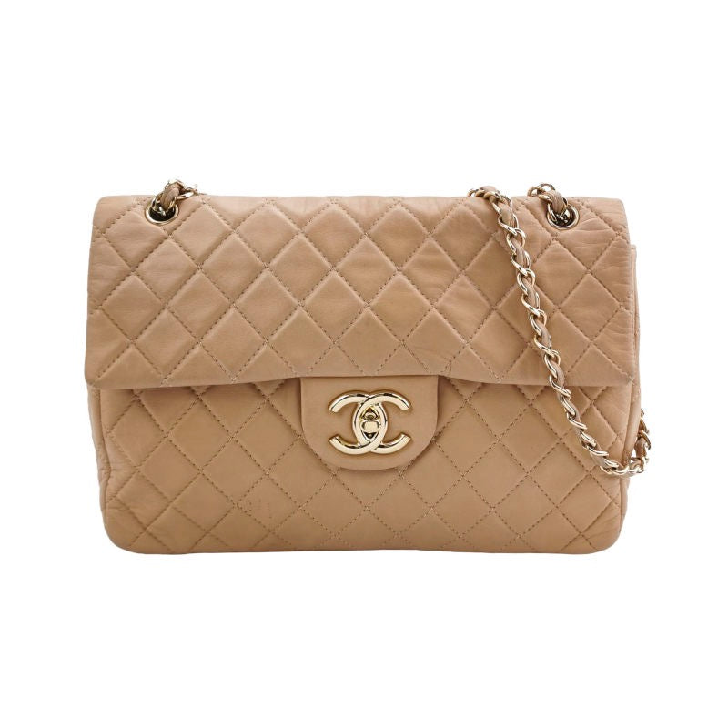 Chanel Classic Flap Maxi Beige Latte Lambskin Leather Giant Gold-tone CC Logo