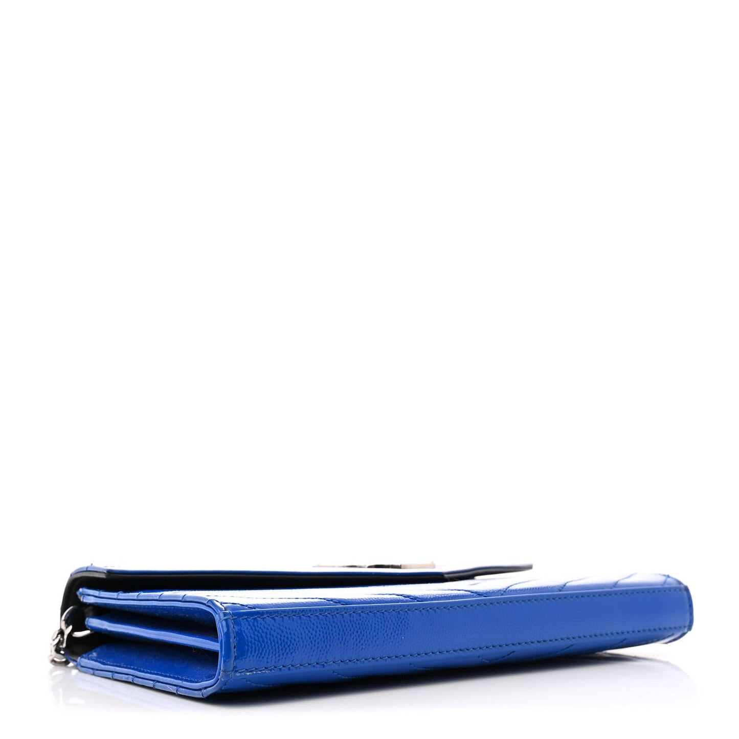 Saint Laurent Patent Grain De Poudre Matelasse Chevron Monogram Chain Wallet Blue Majorelle