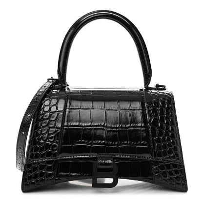 Balenciaga Shiny Calfskin Monochrome Crocodile Embossed Small Hourglass Top Handle Bag Black