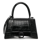 Balenciaga Shiny Calfskin Monochrome Crocodile Embossed Small Hourglass Top Handle Bag Black