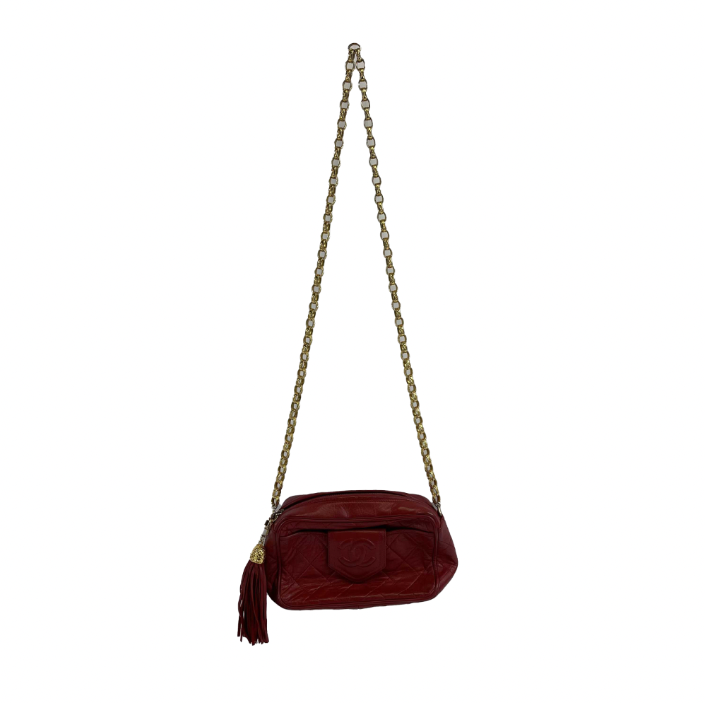 CHANEL   CC Red Lambskin Gold Chain Tassel Camera Bag Crossbody