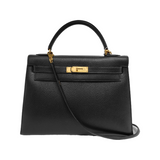 Hermes Kelly 32 Sellier Black Clemence Leather Gold Hardware 1995