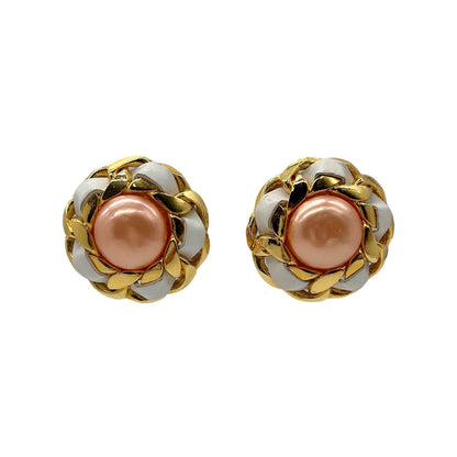 Chanel Peach Synthetic Pearl Leather & Chain Earrings