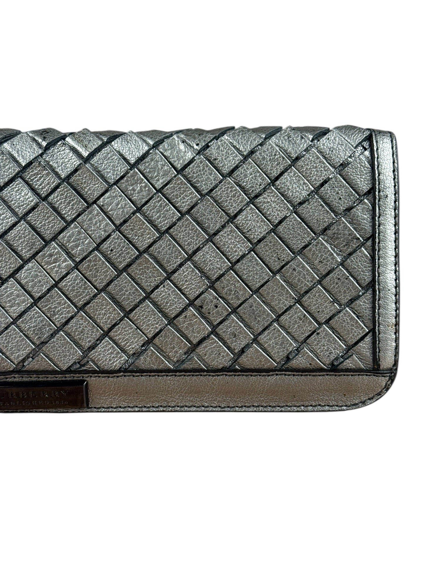 Burberry Metallic Woven Leather Clutch Silver
