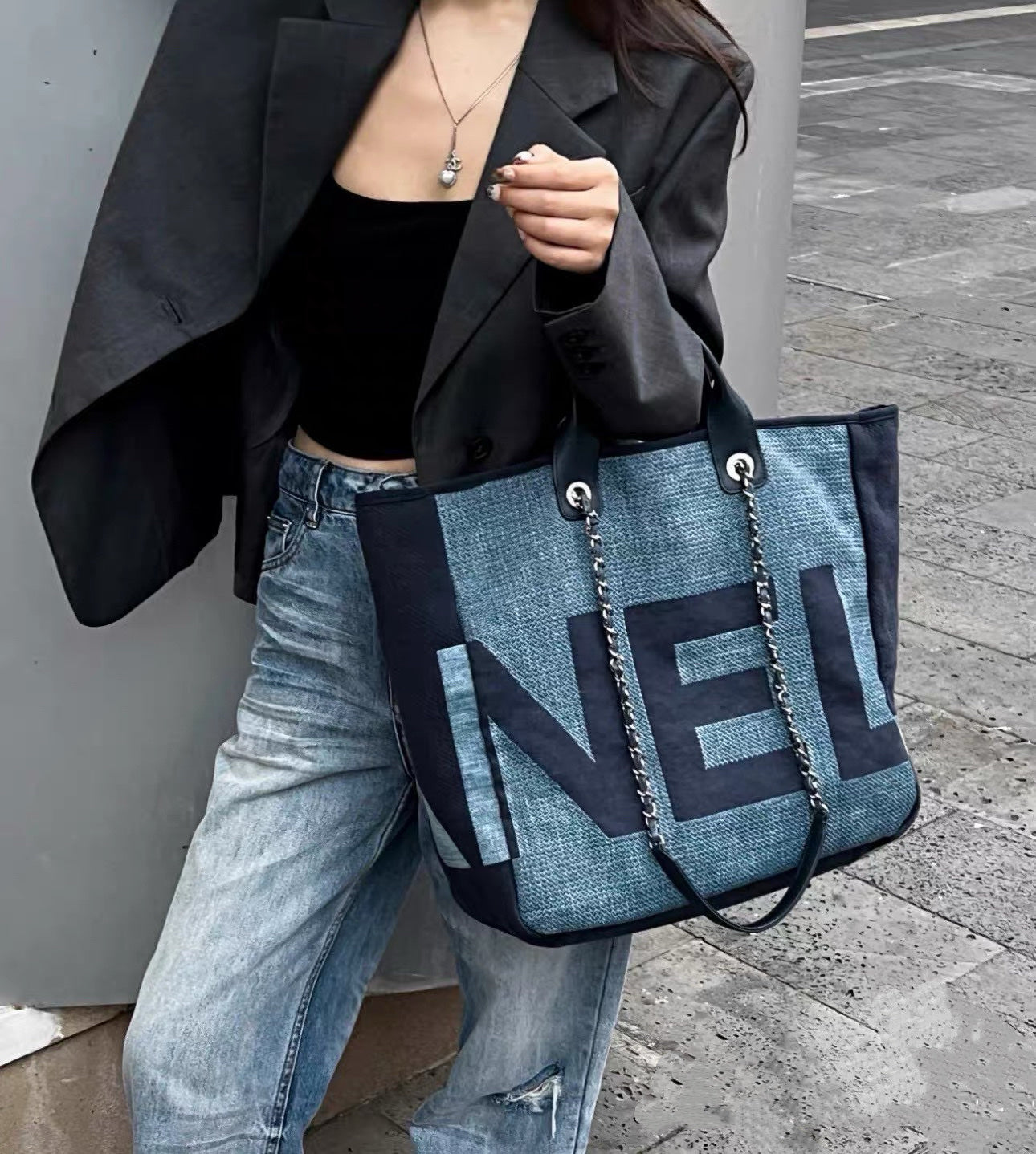 Chanel Deauville Tote Medium Navy Denim Top Handle