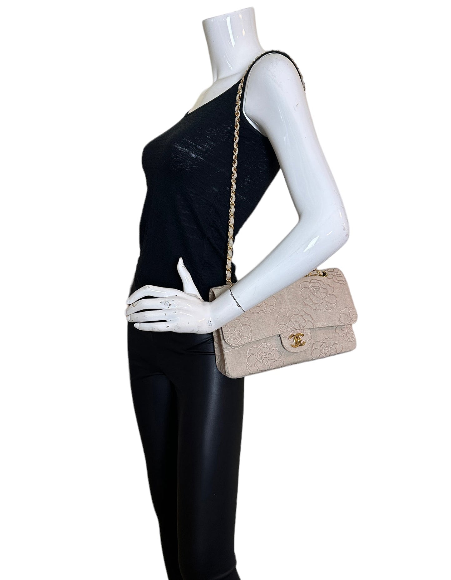 Chanel Ivory Canvas Camellia Embroidered Double Flap Classic