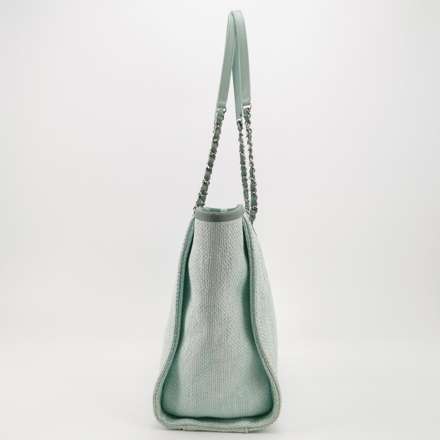 Chanel Deauville Tote Light Blue Cloth Leather Chain Handle Small 34cm
