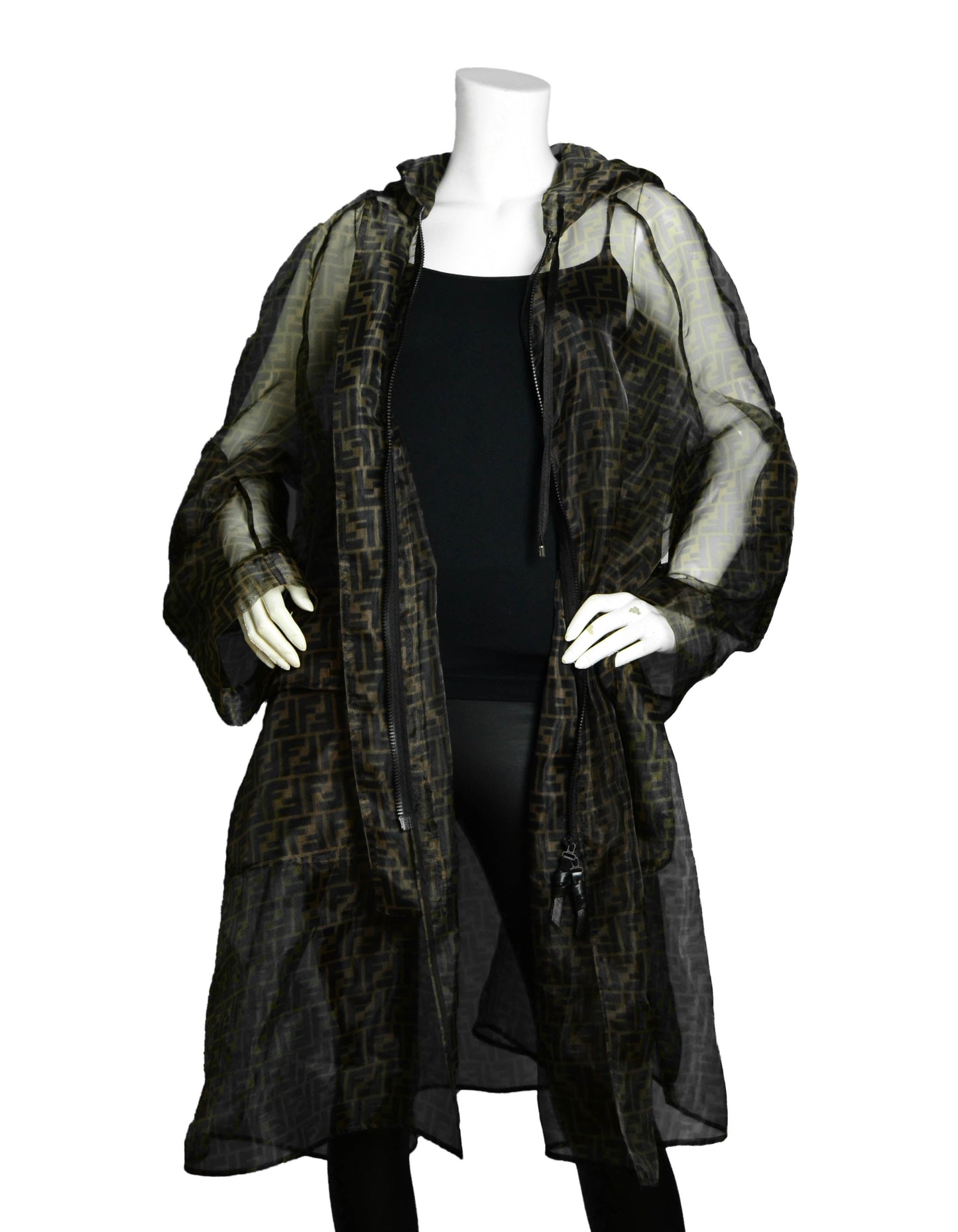 Fendi Oversized Printed Organza Monogram Zucca Brown Parka w/ Hood IT48