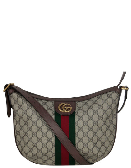 Gucci Brown Monogram Web Ophidia Half Moon Messenger Bag