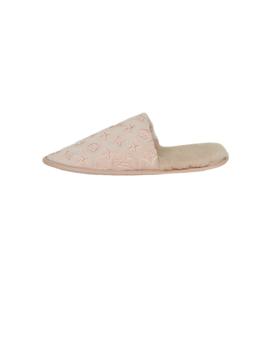 Louis Vuitton Pink Monogram Velvet/Mink Fur Suite Open Back Flat Loafer Slipper sz 39-40