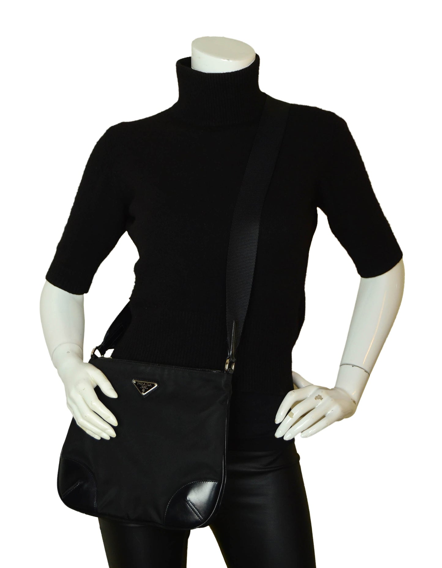Prada Black Flat Tessuto Nylon Crossbody Bag w/ Leather Trim