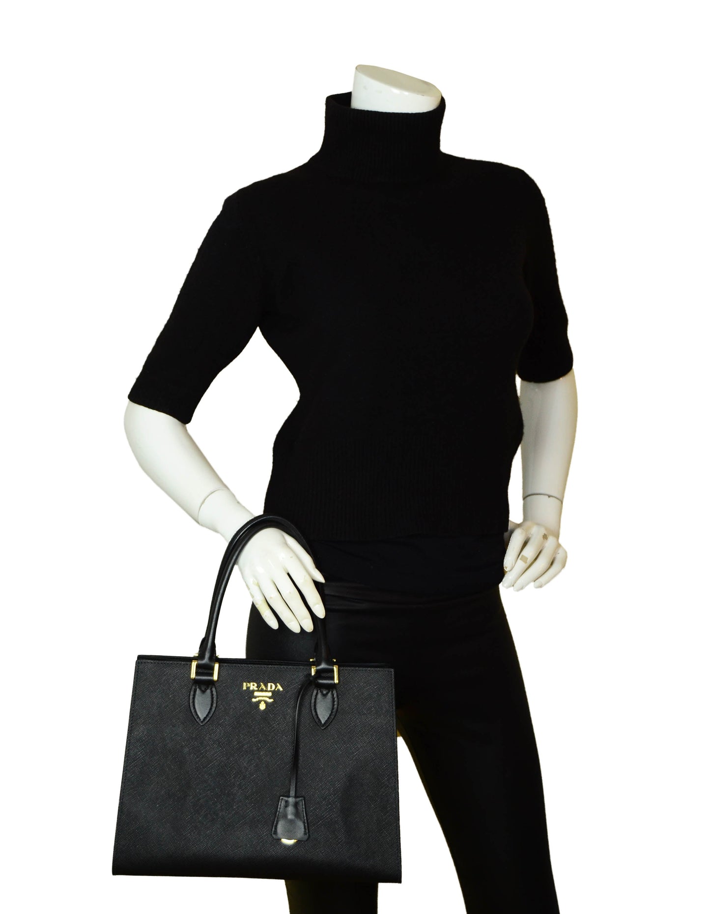 Prada Black Saffiano Leather Lux Convertible Tote Bag w/ Strap 1BA118
