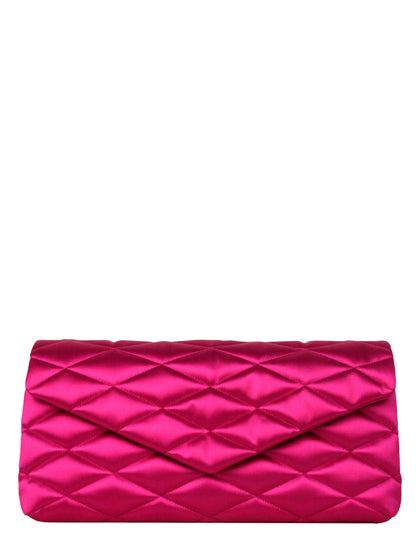 Saint Laurent Lipstick Fuchsia Pink Satin Quilted Large Sade Clutch Bag.