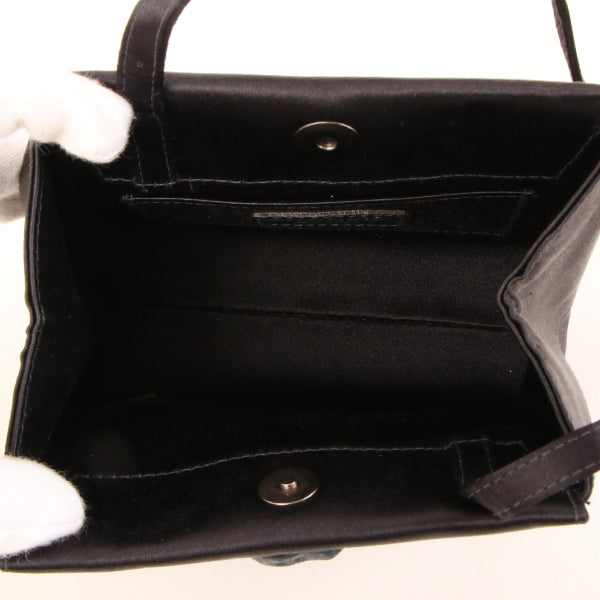 CHANEL Around 2000 Made Silk Satin Rhinestone Camellia Cc Mark Mini Top Handle Bag Black