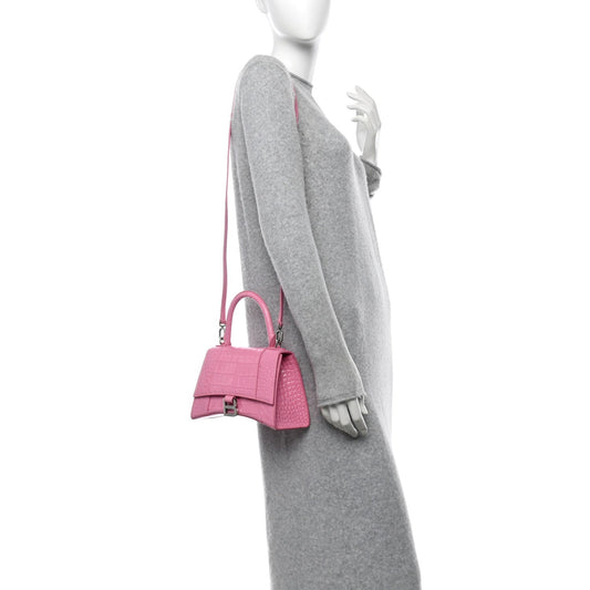 Balenciaga Shiny Calfskin Crocodile Embossed Small Hourglass Top Handle Bag Baby Pink