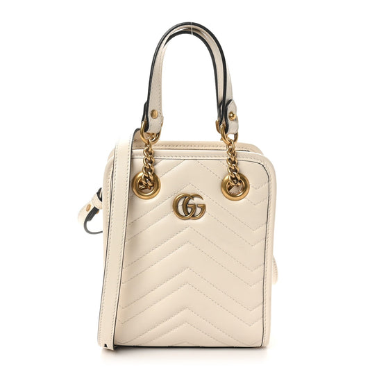 Amelia Calfskin Matelasse Chevron Mini GG Marmont Tote Mystic White
