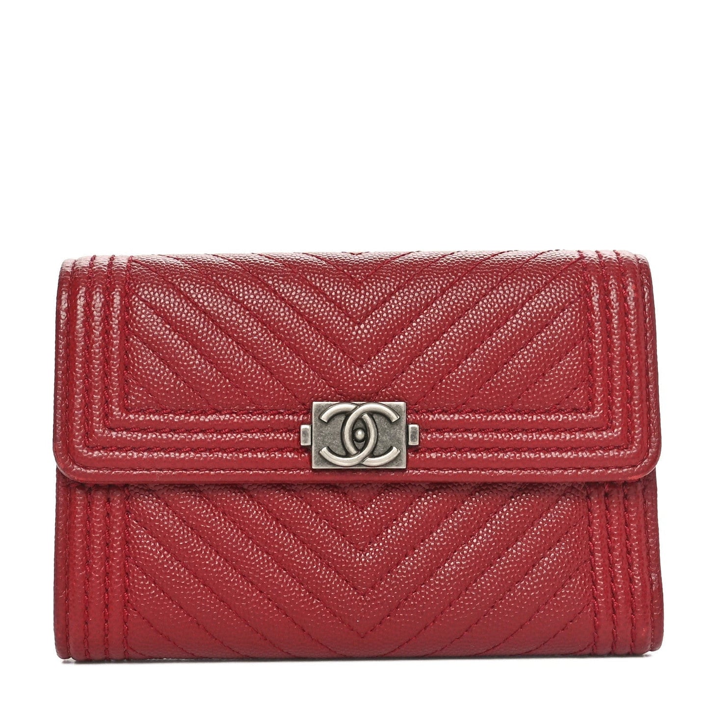 Amelia Caviar Chevron Quilted Boy Flap Wallet Red