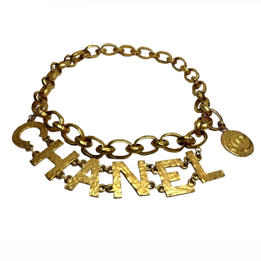 Chanel 1993   Gold Tone Hammered Metal Chain Letters Belt
