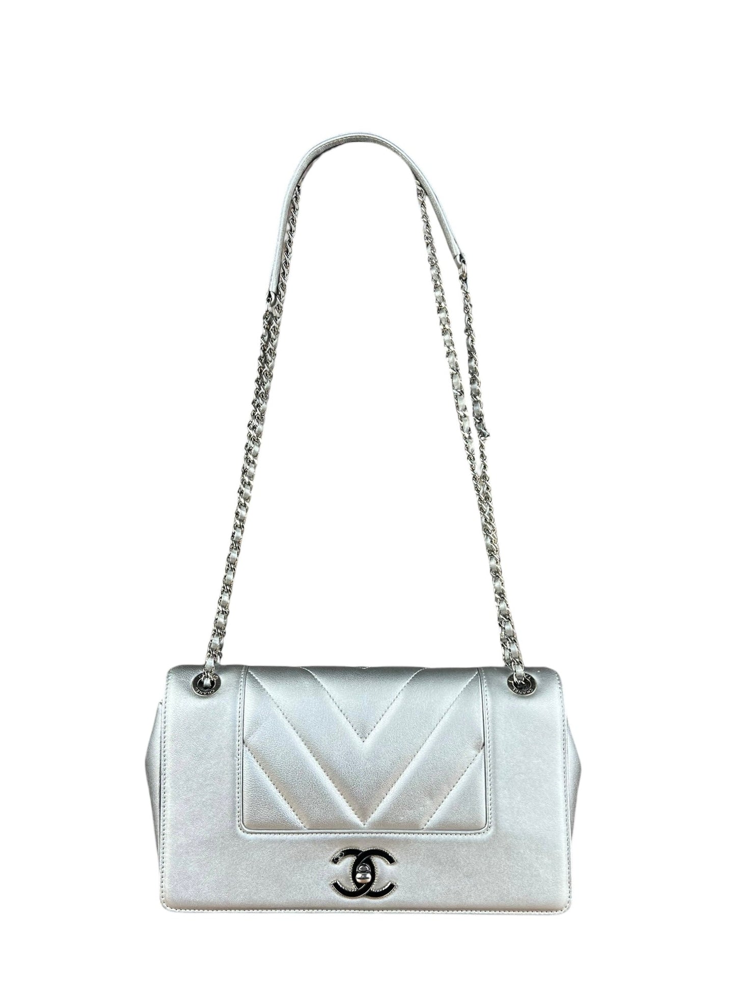 Chanel 2017 Mademoiselle Silver Chevron Single Flap