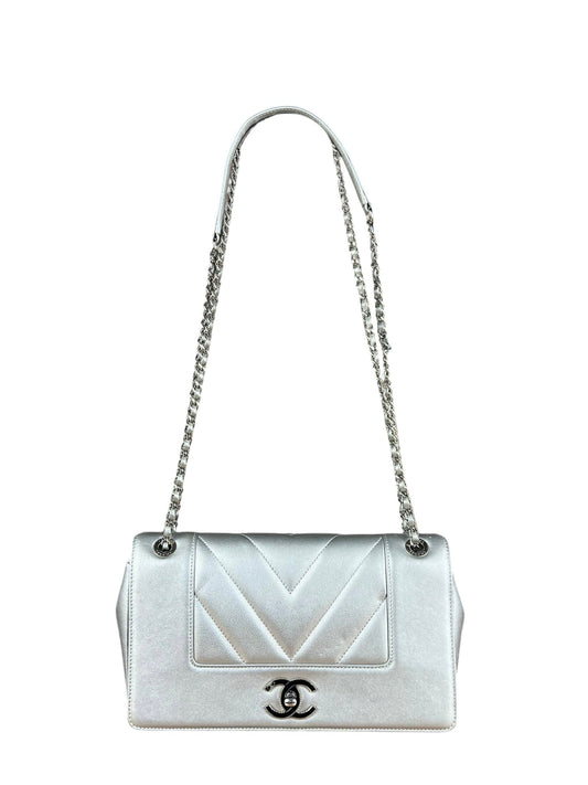 Chanel 2017 Mademoiselle Silver Chevron Single Flap