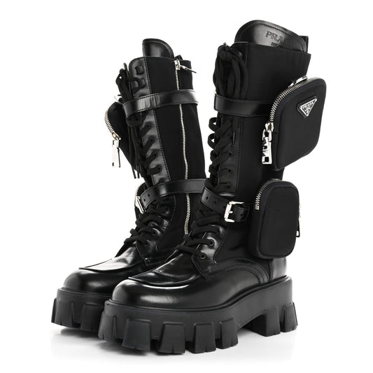 Prada Spazzolato Rois Re-Nylon Metal Triangle Logo Monolith Pouch Pocket 55mm Tall Combat Boots 36.5 Black