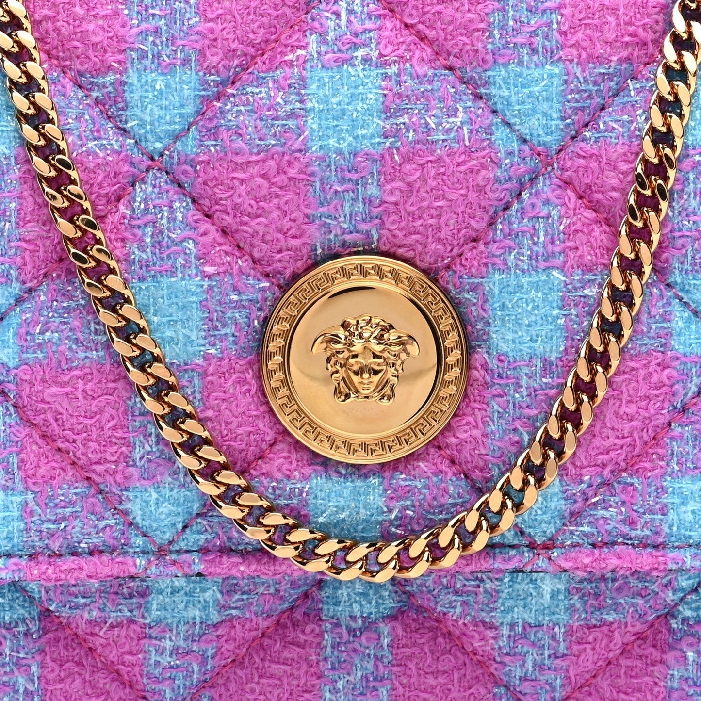 Versace Tweed Quilted Medusa Wallet on Chain Crossbody Pink Blue