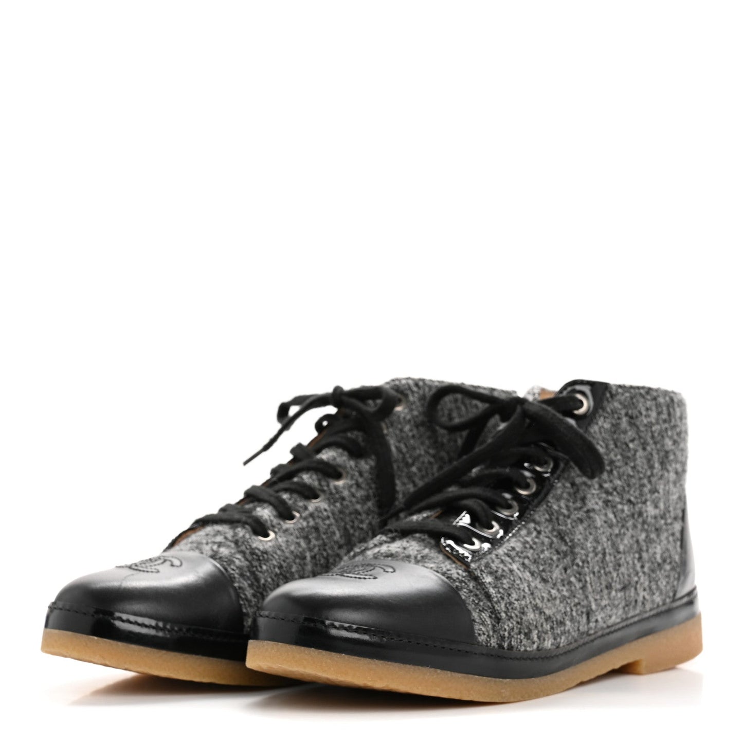 Amelia Wool Calfskin CC Lace Up Short Boots 37.5 Grey Black
