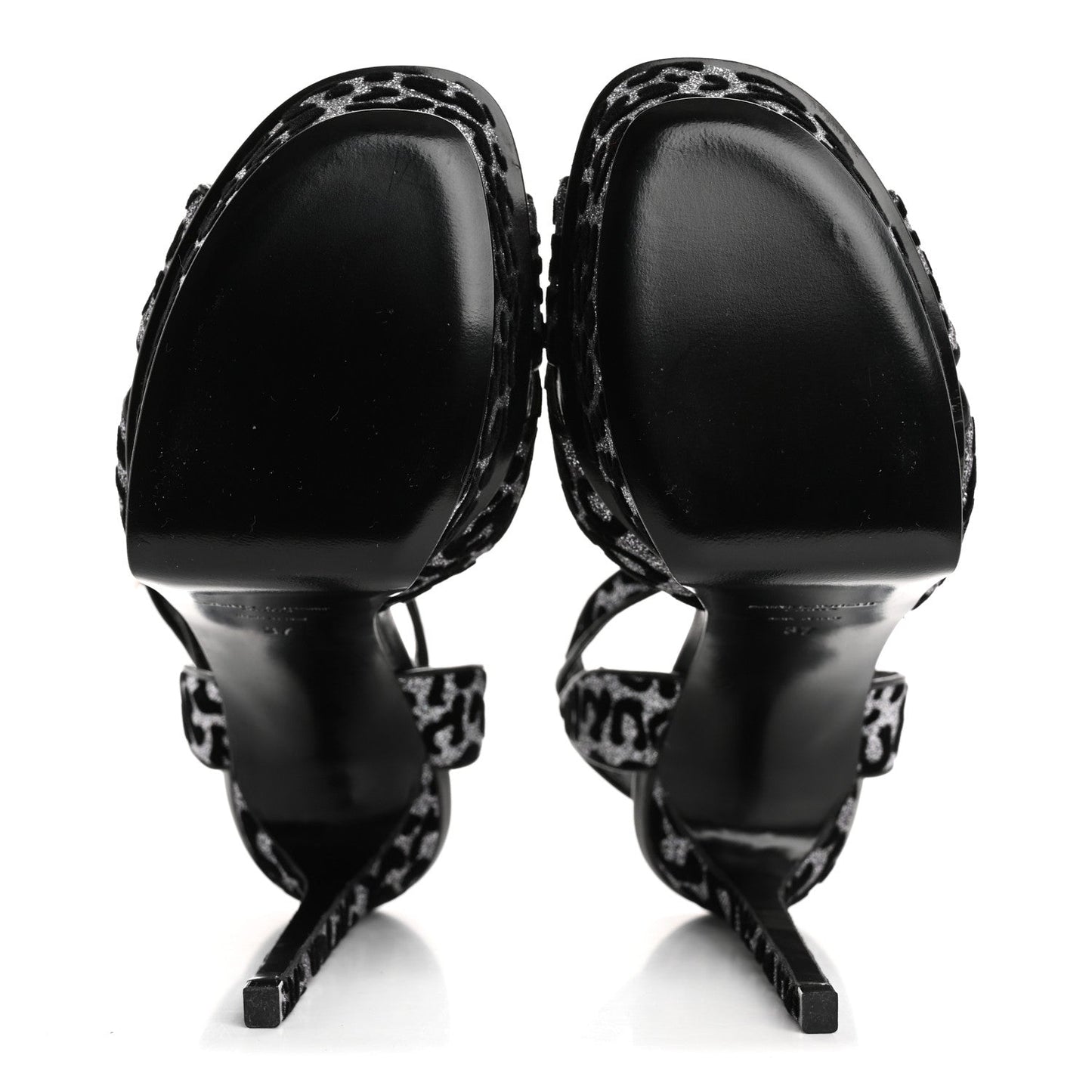 Saint Laurent Velvet Glitter Leopard Print Platform Sandals 37 Argento Black