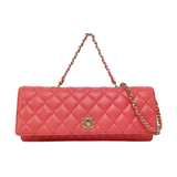 Chanel East West Single Flap Bag Pearl Chain Clutch Pink Lambskin