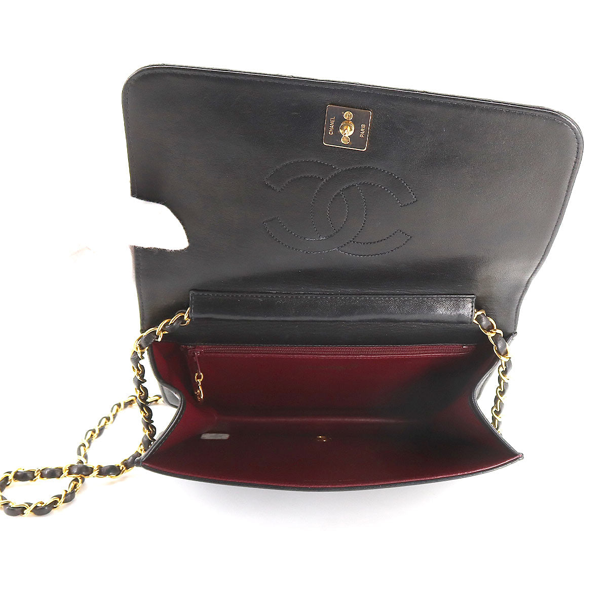 Chanel Matelasse Chain Shoulder Bag Leather Black Gold Hardware Push Lock