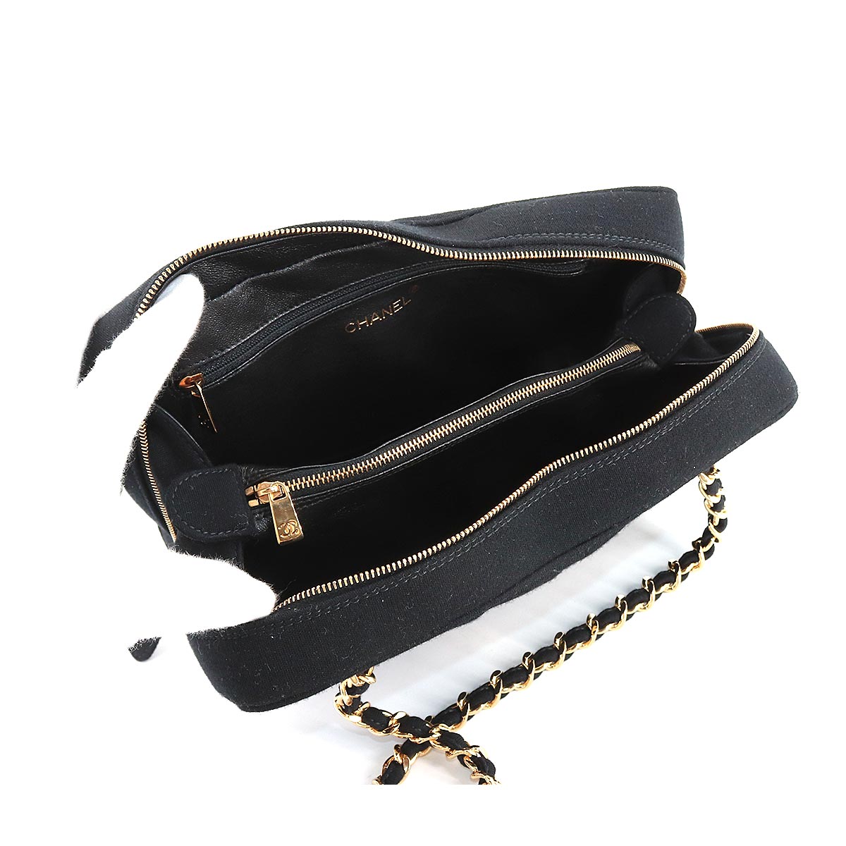 Chanel Chevron V-stitch Chain Hand Bag Jersey Black Gold Hardware