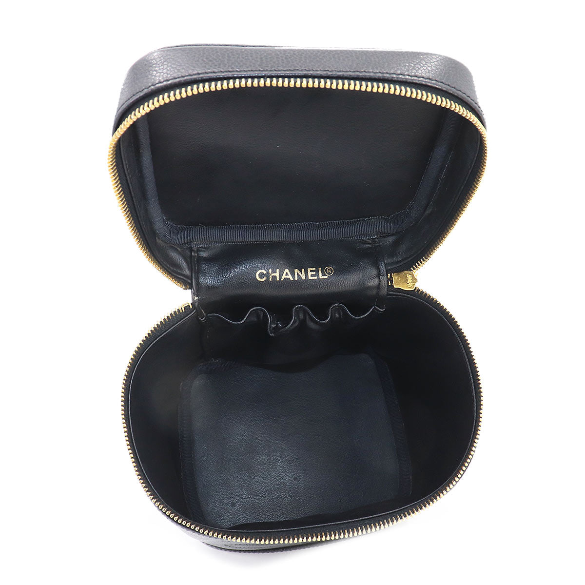 Chanel Vanity Hand Bag Caviar Skin Leather Black Cocomark Gold Hardware