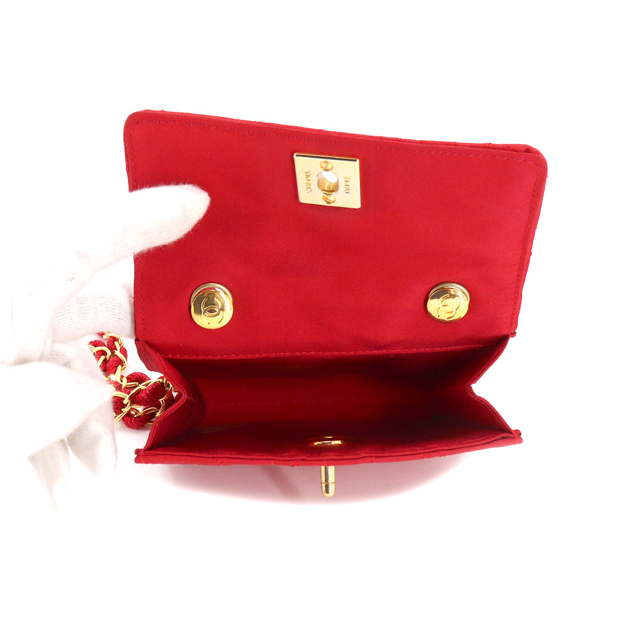Chanel Mini Matelasse Chain Shoulder Bag Satin Red Gold Hardware