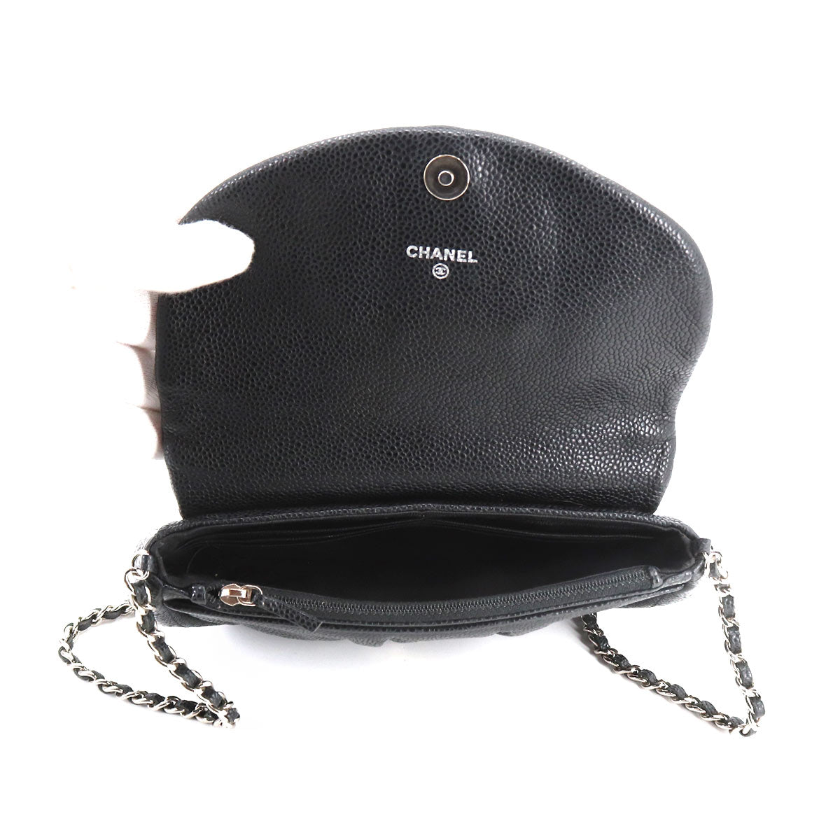 Chanel Half Moon Chain Wallet Folio Long Wallet Caviar Skin Black