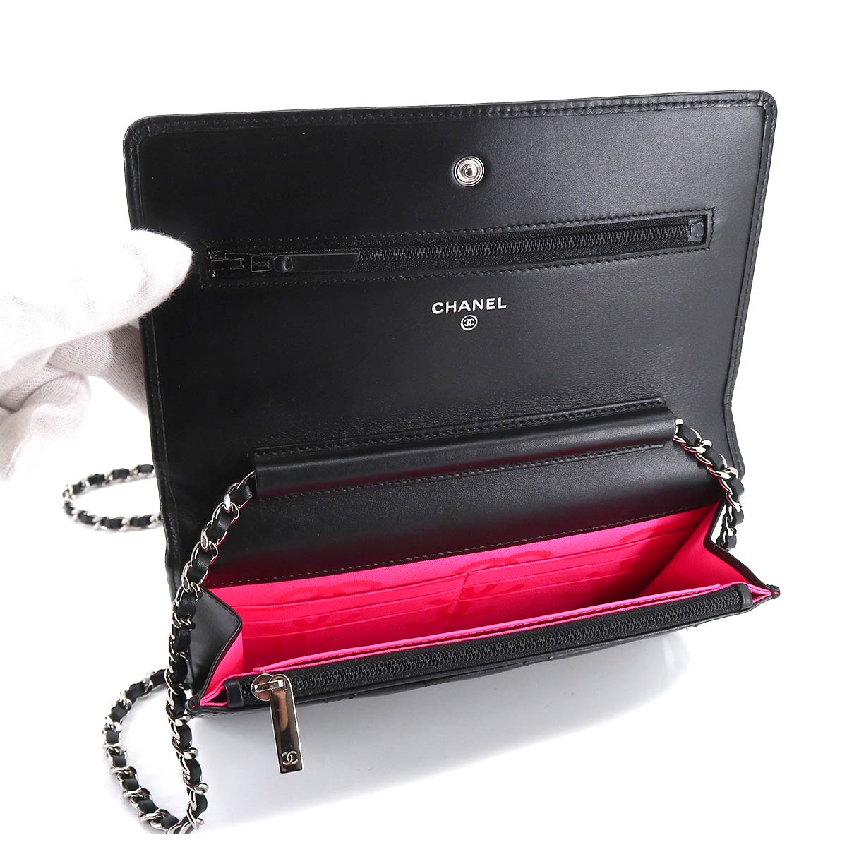 Chanel Cambon Line Chain Wallet Bifold Long Wallet Leather Enamel Black Silver Metal Fittings